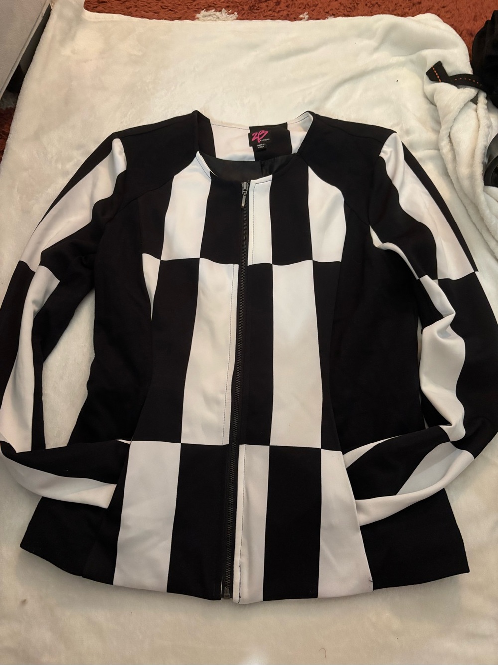 bebe Black and White Checker Zip-Front Blazer